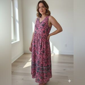 EUC J. Jill Bohemian Pink Floral V-Neck Sleeveless Tiered Maxi Dress SZ L